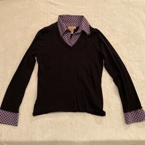 Notations Black Sweater Purple Polka Dot Collared Accents Womens Size Medium